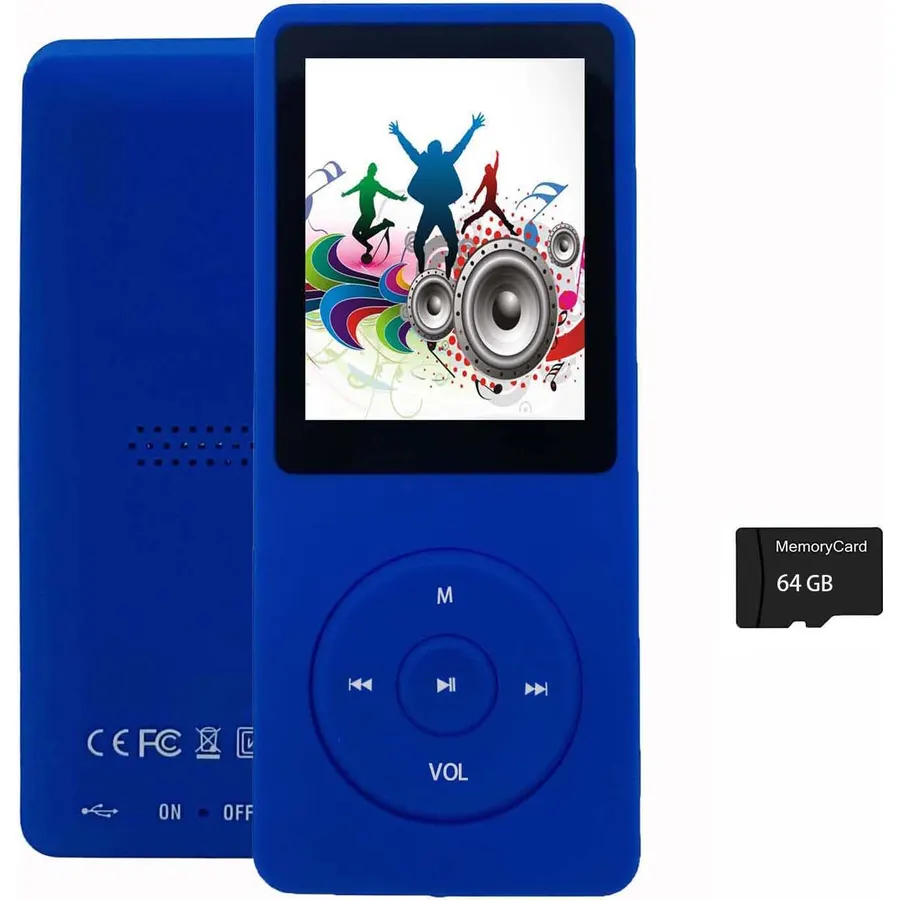 64GB MP3 Player with Speaker Earphones Portable Music Player for Kids Support Voice Recording Picture Video E-Book, Blue