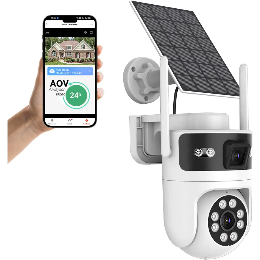 6MP Dual Lens AOV Solar Security Cameras Outdoor w/ 8W Solar Panel