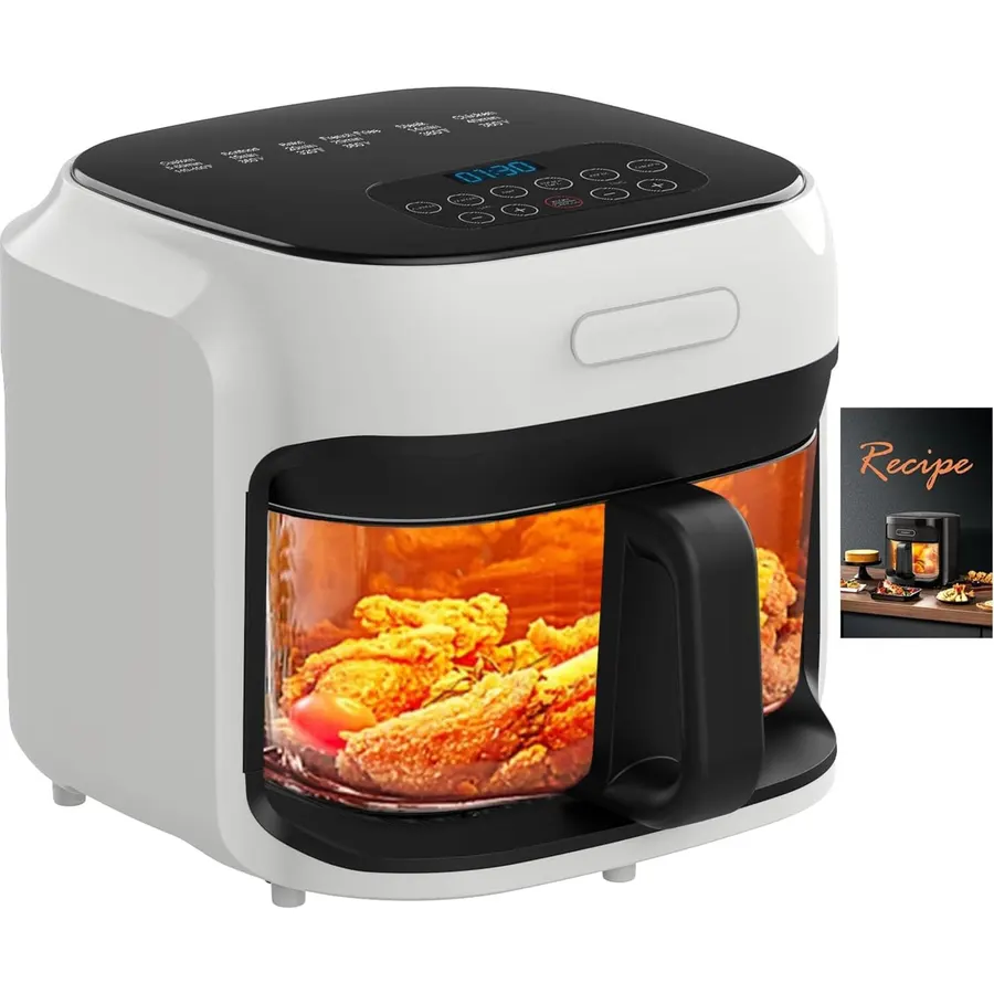 COOK WITH COLOR Colorful 1200W 4Qt Air Fryer: Glass Basket, Dishwasher Safe, 60min Timer, 6 Presets, Temp Control 175F-400F, 4 QT, Greige