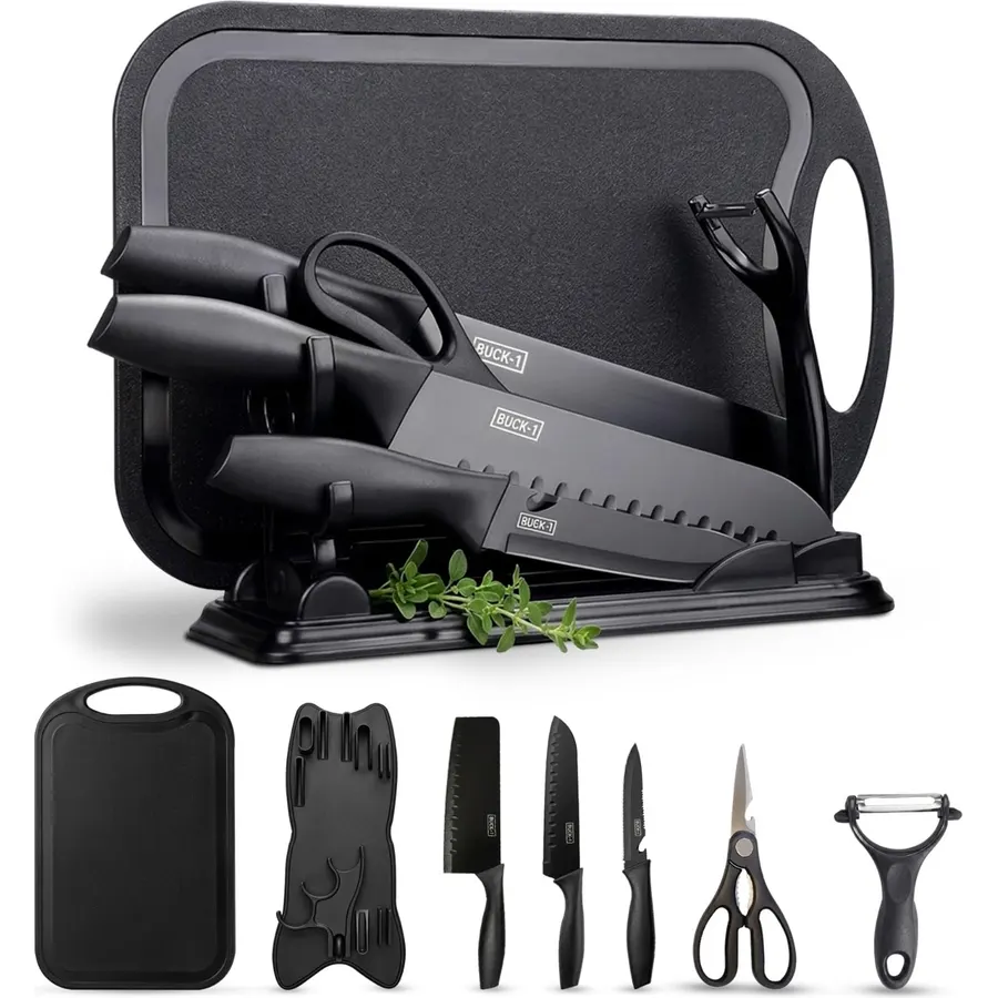 7 Piece Kitchen Knife Set with Cutting Board, Scissors, Peeler and Holder, 20Cr13 Stainless Steel Non Stick Blades, PP Handles, Black, Complete Cooking Utensil Set