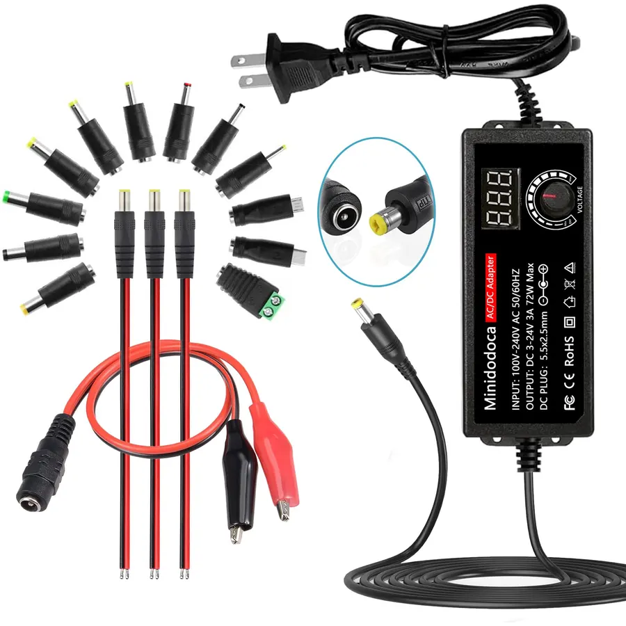 72W Power Supply Adjustable 3V ~ 24V Variable Universal Switching AC/DC Adapter Minidodoca AC to DC Converter with LED Voltage Display and 16 Tips, for 3V to 24V Household Electronics - 3000mA Max