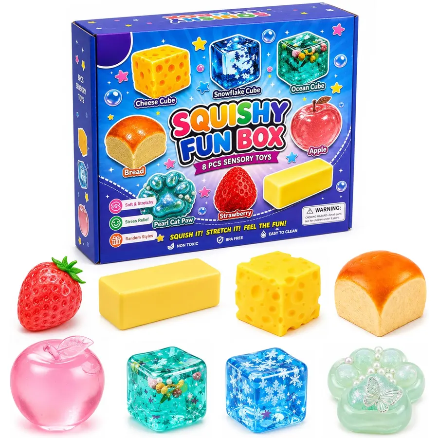 8 Pcs Squishy Box Mystery Fun Set,Blind Malt Sugar Creative Slow Return Squishies,Box Mystery Fun Set Pack,Cheese Food Squishies Set,Relief Desk Decor Party Favor Gifts for Adult
