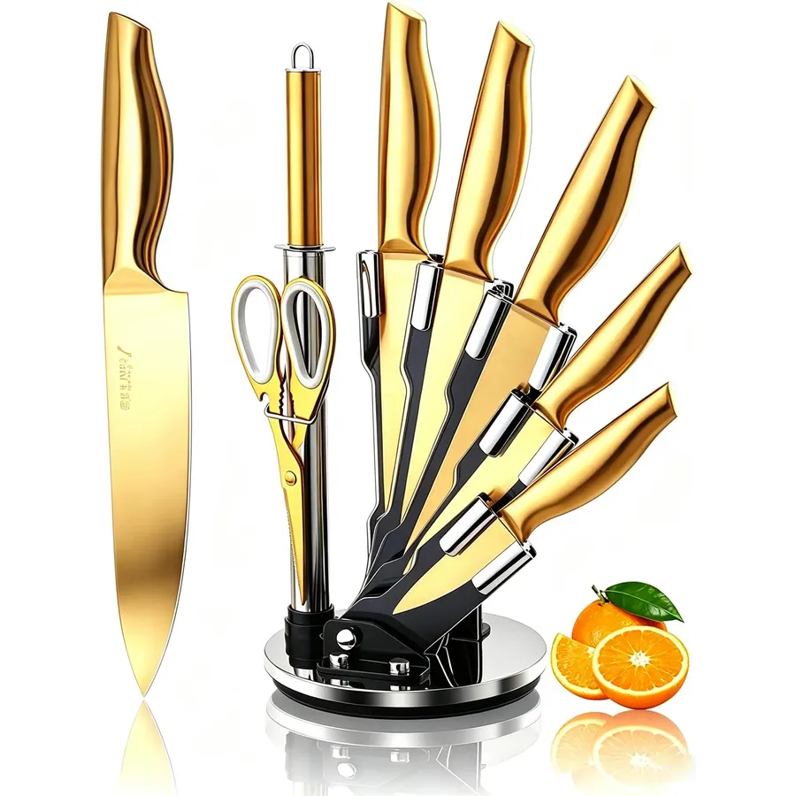 8-Piece Gold Kitchen Knife Set With Black Block Luxury Gifts