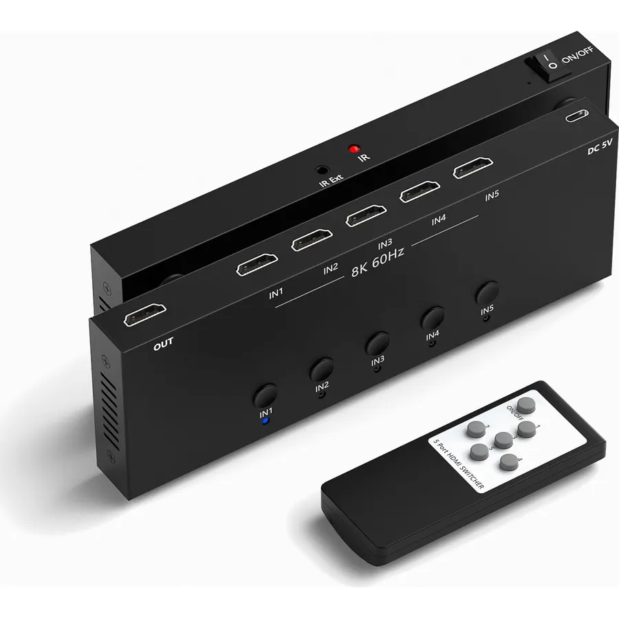 8K 5 in to 1 Out HDMI Switcher，5 Way HDMI Converter & Infrared Remote Control - Ideal for Nintendo Switch/OLED/Xbox PS5/4/3 Blu-Ray Player Fire TV Stick Roku Apple TV Chromecast PC