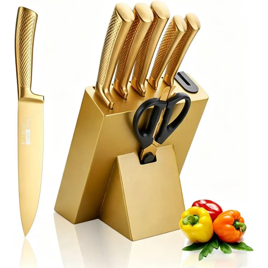8Pcs Luxury Gold Kitchen Knife Set with Wooden Block,Elegant Gifts