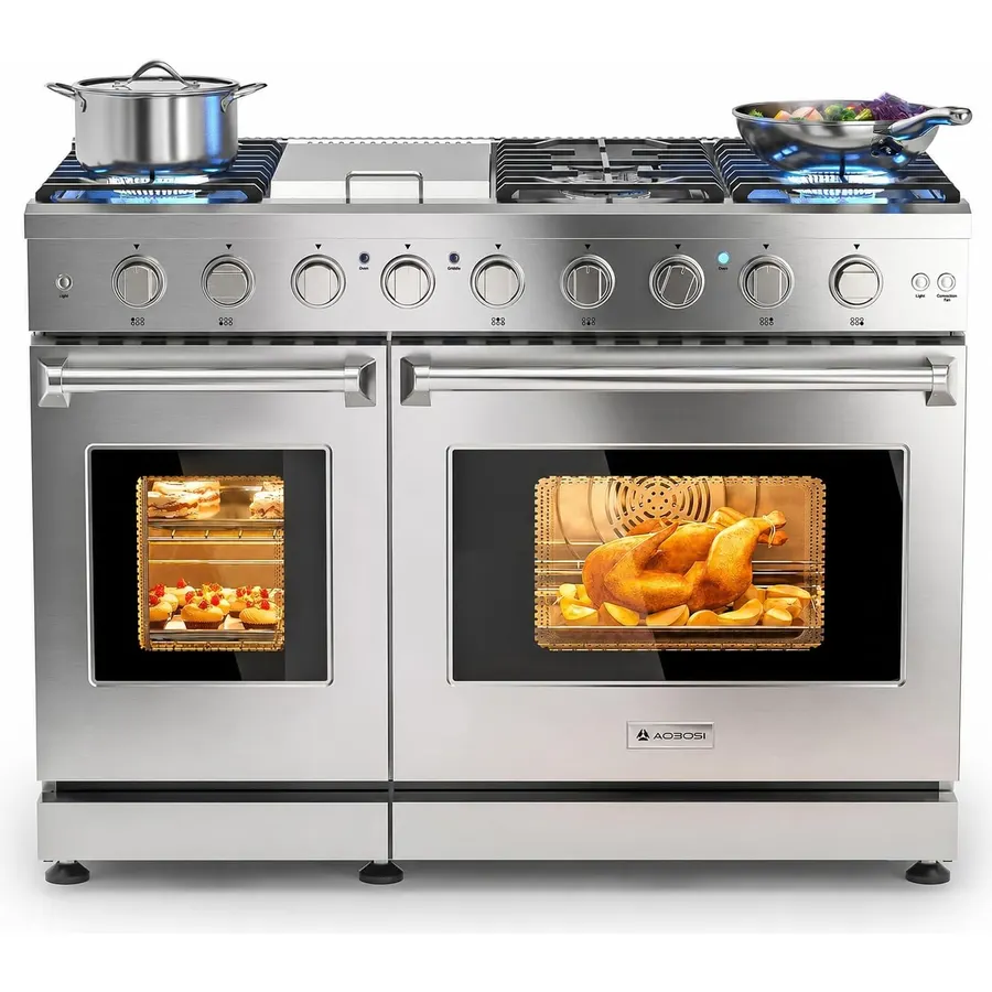 AAOBOSI 48 Inch Professional Freestanding Double Gas Range Ovens, 93,000BTU