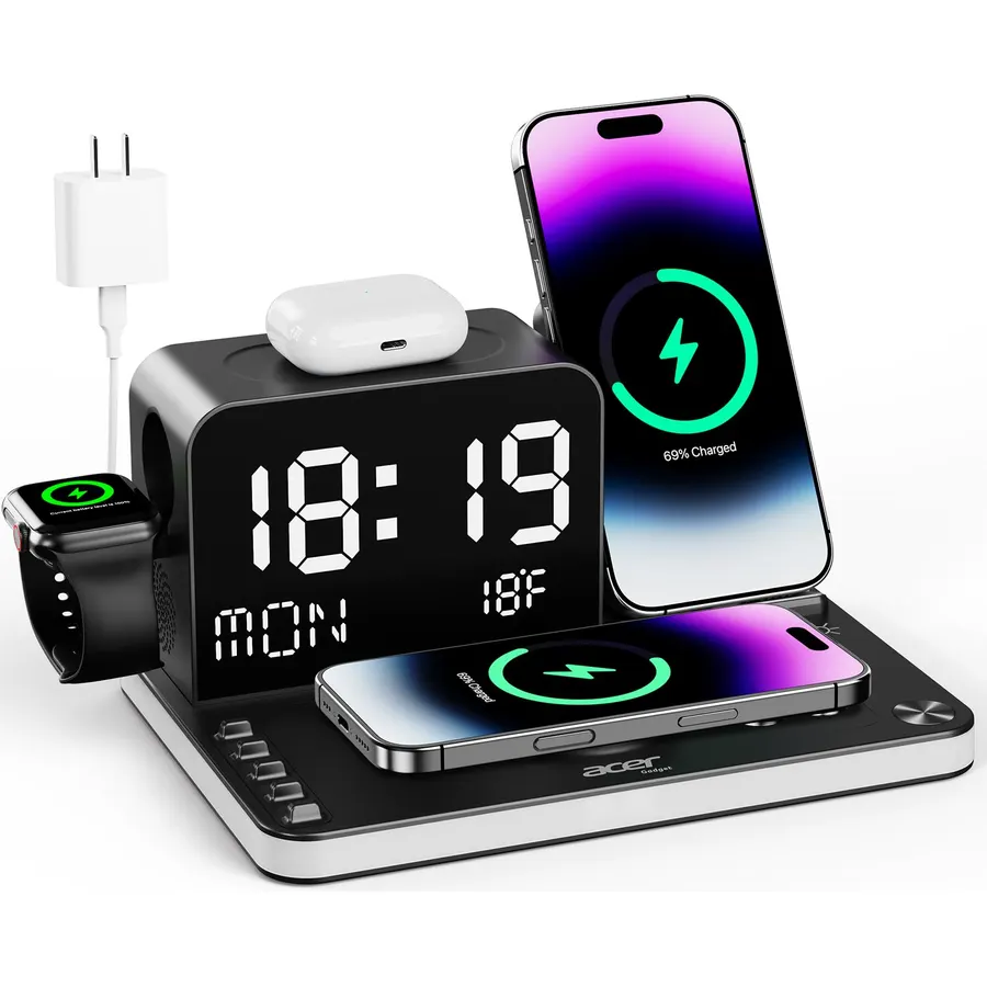 Acer Gadget 7-in-1 Wireless Charging Station Charger Stand for Multiple Devices for Apple - iPhone 17 16 15 14 13 12 Pro Max Apple Watch Airpods, Wireless iPhone Charger Station with Bluetooth TimeSyn