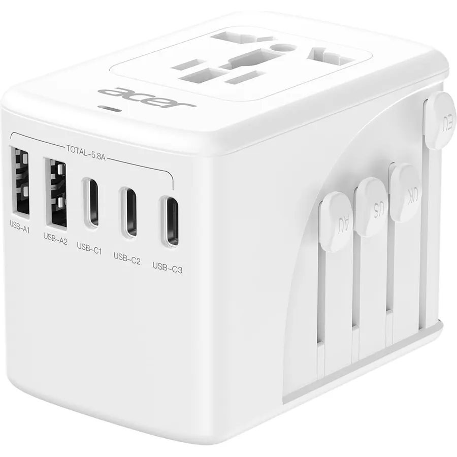 Acer Universal Travel Plug Adapter - International Power Adapter with 5 USB Ports (3 USB C) 5.8A, Worldwide Outlet Charger for USA to European UK France Germany Spain, Type C/E/F/G/I/L/A, White