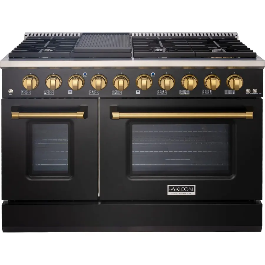 Akicon 48" Slide-in Freestanding Professional Style Gas Range with 6.7 Cu. Ft. Oven, 8 Burners, Convection Fan, Cast Iron Grates, & Blue Porcelain Oven Interior, In Black with Gold