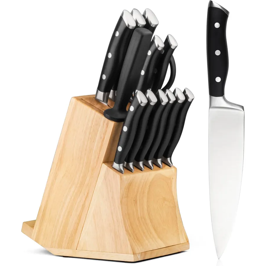 Knife Set, Ganiza 15pcs Knife Set for the Kitchen with Block, Built-in Sharpener, High Carbon Stainless Steel Kitchen knife set with Laser Pattern, Sharp & Rust Resistant
