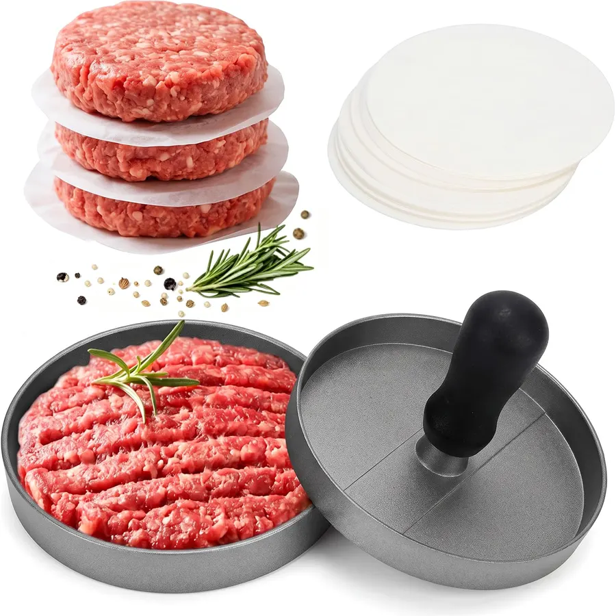 Aluminum Burger Press Patty Maker with 200 Non-Stick Patty Papers