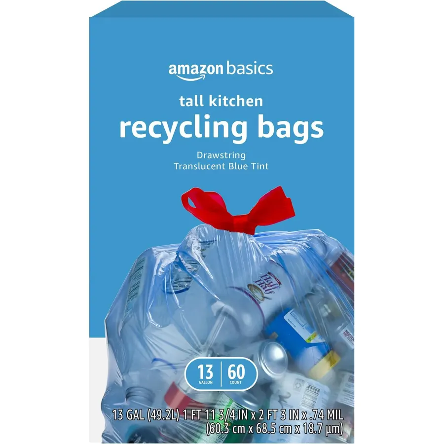 Amazon Basics Blue Recycling Drawstring Trash Bags, Tall Kitchen, Unscented, 13 Gallon, 60 Count (Pack of 6)