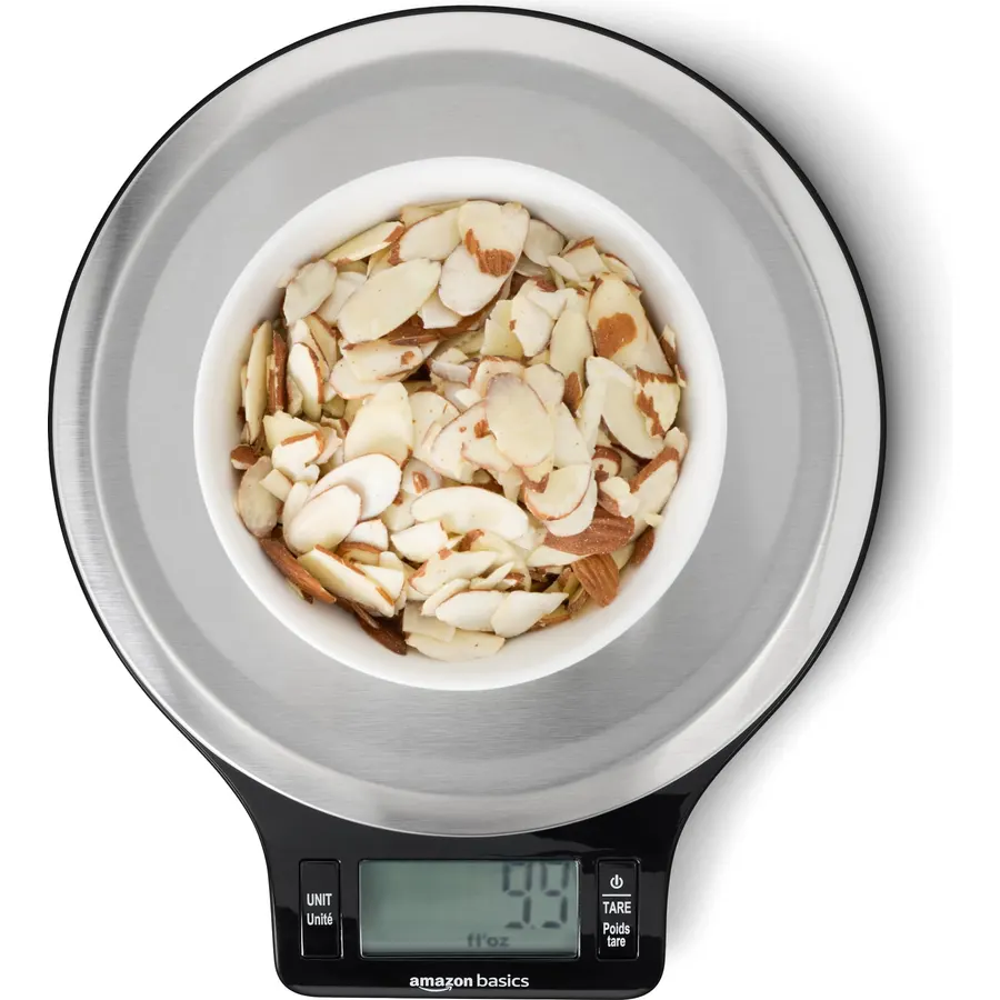 Amazon Basics Digital Kitchen Scale with LCD Display, Tare Function, Multiple Units, Weighs up to 11 Pounds, Batteries Included, Black and Stainless Steel