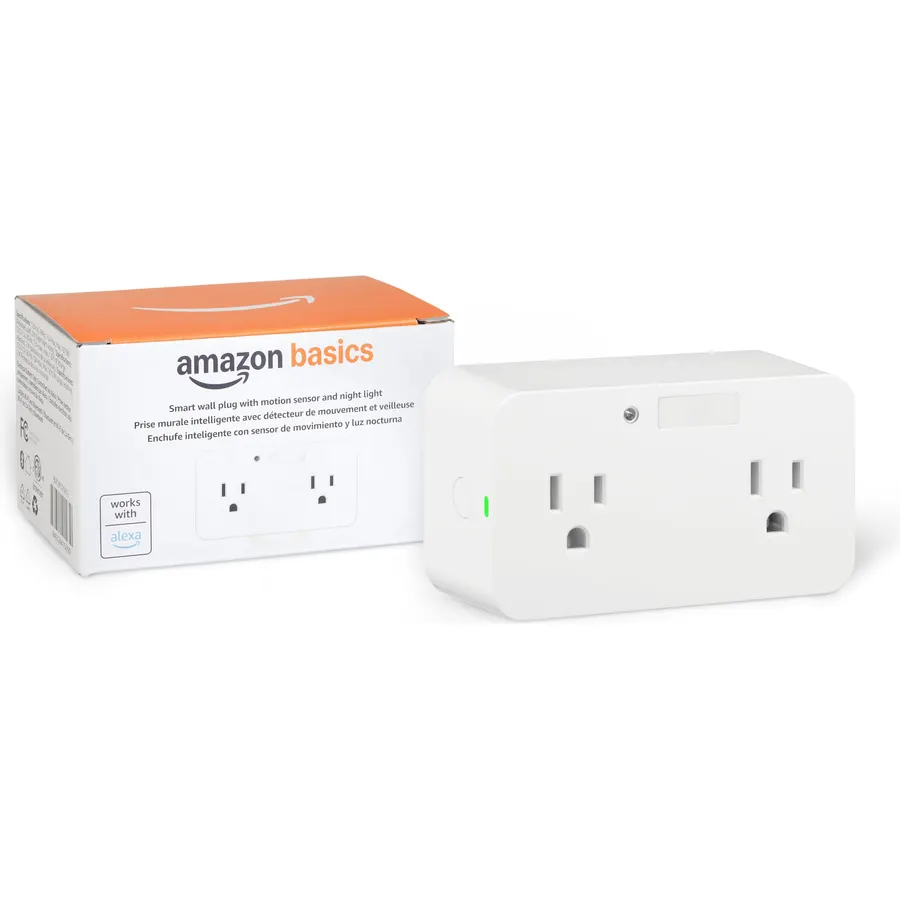 Amazon Basics Dual Smart Plug with Motion Sensor and Night Light, Works with Alexa Only, Control from Anywhere, Automatic Control, 2.4 GHz Wi-Fi, No Hub Required, 4.33 x 2.36 x 1.38 in, White