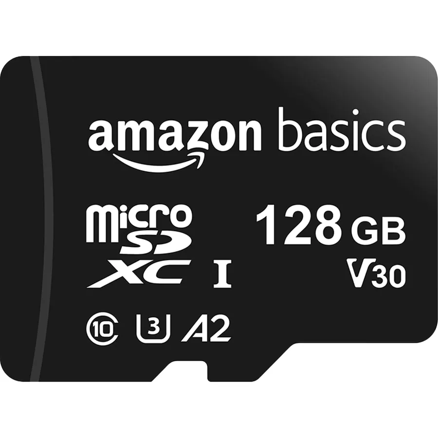 Amazon Basics microSDXC Memory Card with Full Size Adapter, A2, U3, Read Speed up to 100 MB/s, 128GB, Black