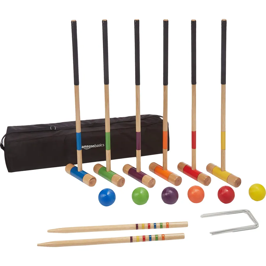 Amazon Basics Six Player Croquet Set with Wooden Mallets and Carry Case, Portable Party Game, Black