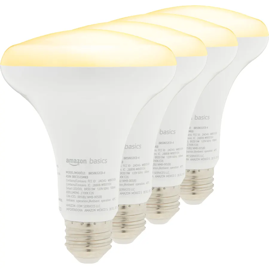 Amazon Basics Smart BR30 LED Light Bulbs for Bedroom Living Room, Dimmable Soft White (2700K), 9W (60W Equivalent), 800LM, Voice Control, Works with Alexa Only, 2.4 GHz Wi-Fi, No Hub Required, 4-Pack