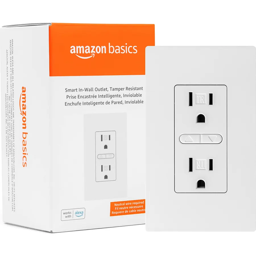 Amazon Basics Smart In-Wall Outlet, Works with Alexa Only, Individually Controlled Outlets, Voice Control, WiFi, 15 Amps, 2.4 GHz, No Hub Required, White