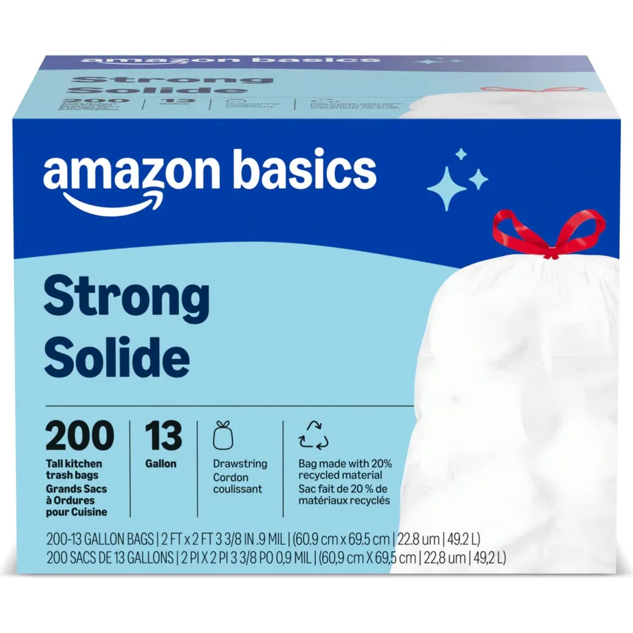 Amazon Basics 13 Gallon Tall Kitchen Drawstring Trash Bags, Flextra Strength, Tear Resistant, 10% Post Consumer Recycled, 90 Count, White