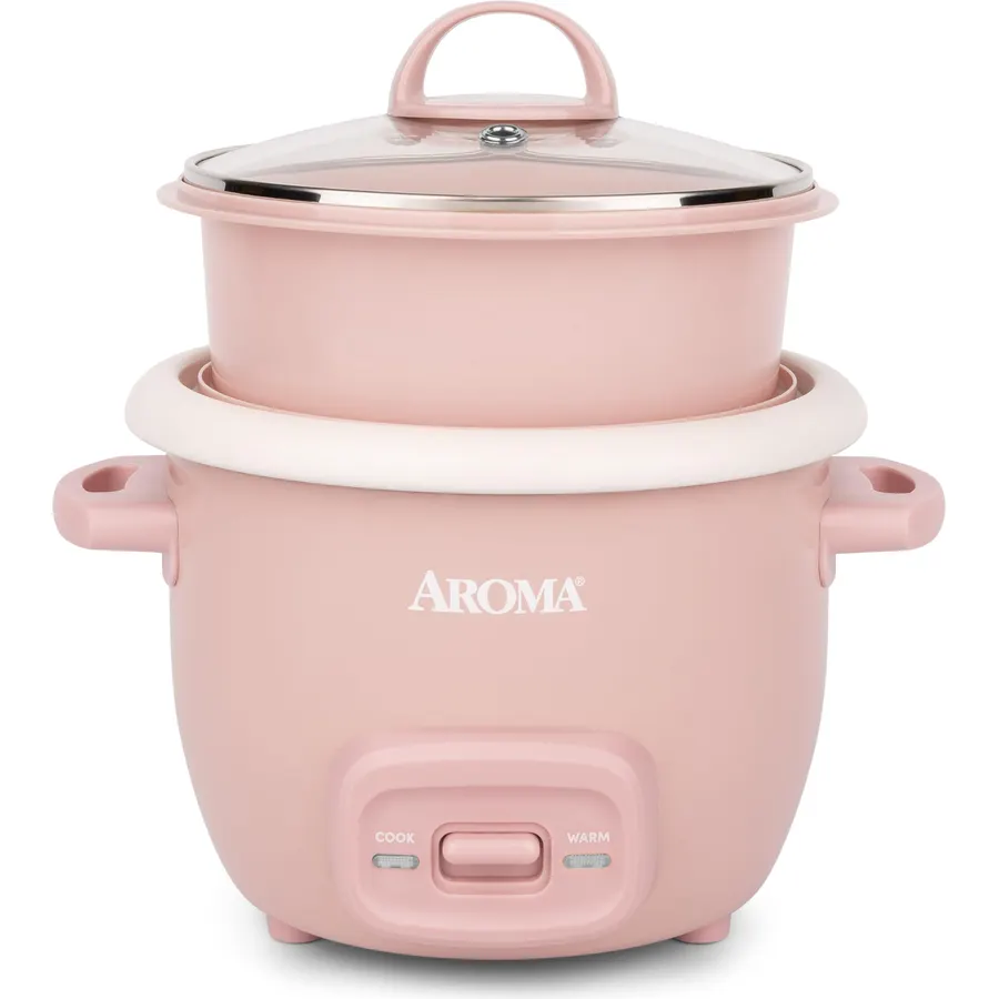 AROMA CoreCoat™ Mini Rice Cooker (3 Cups Cooked) with Nonstick Ceramic Pot Coating, Glass Lid, and Pop-Up Steamer Tray, 0.8 Quart
