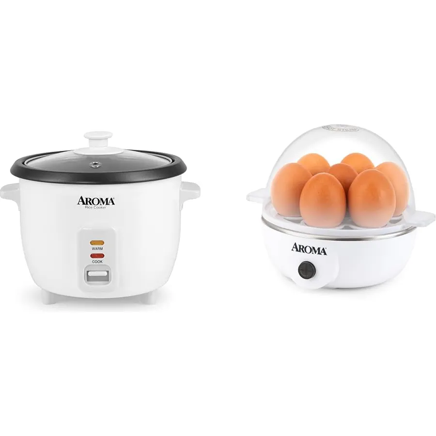 AROMA Housewares Rice & Grain Cooker and Egg Cooker Bundle - Cook Rice, Grains, Soup, and Boil Eggs Includes 6-Cup (cooked) /3-cup (uncooked) Rice Cooker and 7-Egg Capacity Egg Steamer