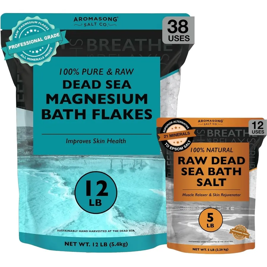 Aromasong Dead Sea Bath Bundle – 12 lb Magnesium Flakes & 5 lb Raw Dead Sea Bath Salt – Two Soaks for Foot Baths, Warm Baths & Everyday Self-Care Routines