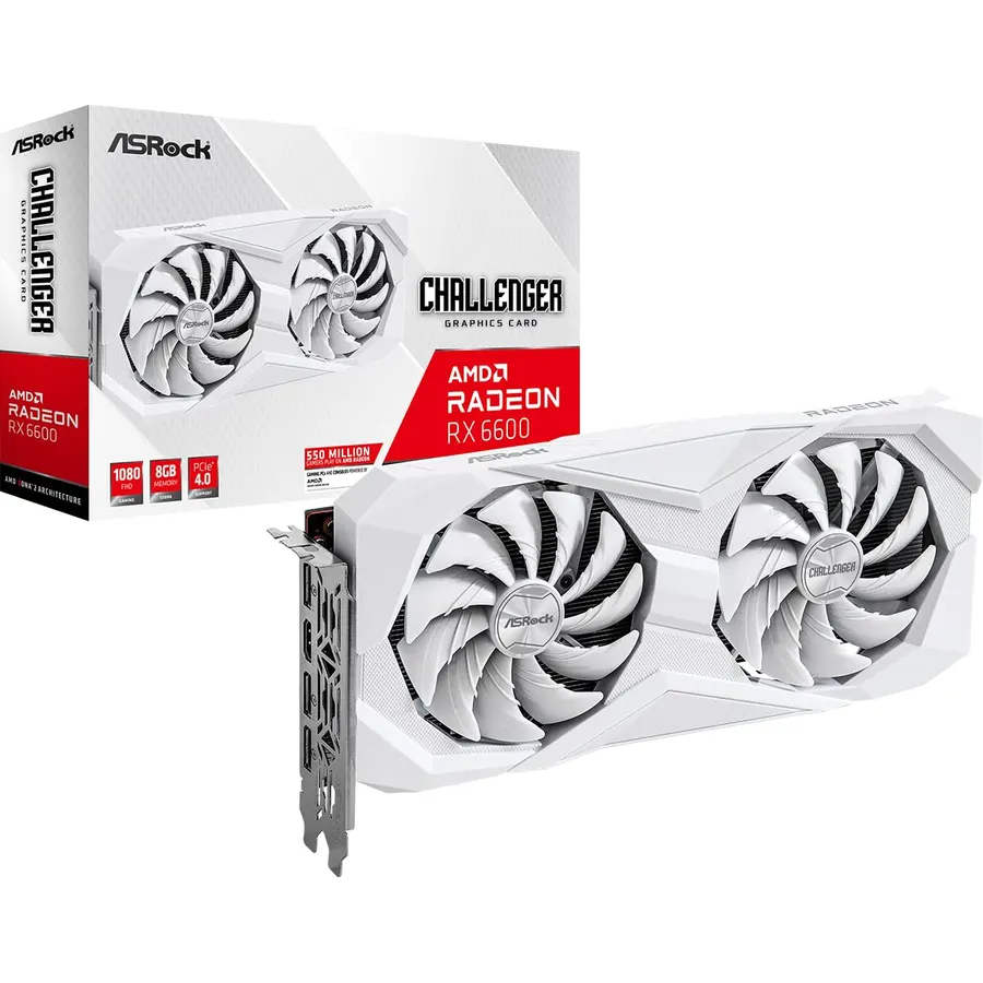 ASRock AMD Radeon RX 6600 Challenger White 8GB GDDR6 Graphics Card 0dB Silent Cooling 128bit 7680 x 4320 3xDisplayPort 1.4 with DSC 1xHDMI 2.1 VRR