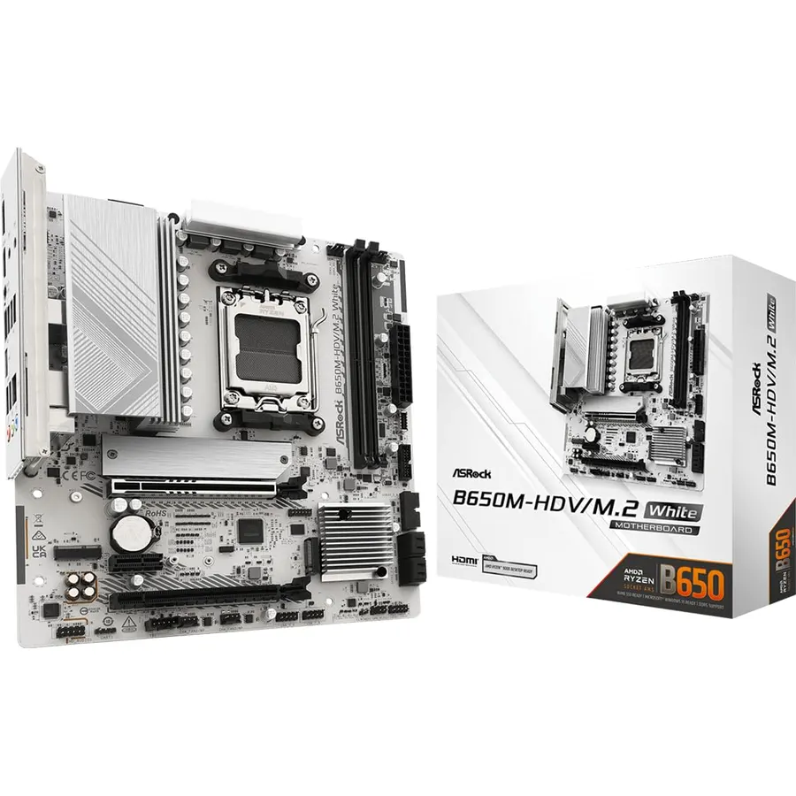 ASRock B650M-HDV M.2 White Micro-ATX AM5 Motherboard, AMD Ryzen 9000/8000/7000, PCIe 5.0 x16, DDR5 8200+(OC), Dual M.2 (Gen5/Gen4), USB 3.2 Type-C, 2.5G LAN