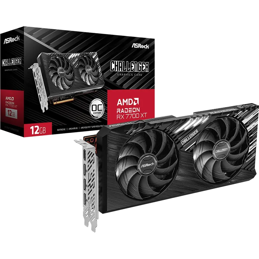 ASRock Radeon RX 7700 XT Challenger 12GB OC Graphics Card, AMD RDNA 3 Architecture, 12GB GDDR6, 2584 MHz Boost Clock, 3X DisplayPort 2.1, 1x HDMI 2.1, Dual Fan Cooling