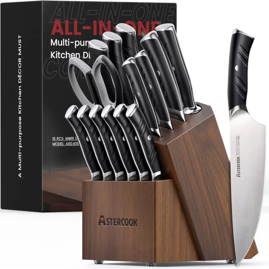Astercook Knife Set 15 Piece German Steel Kitchen Knife Block Set