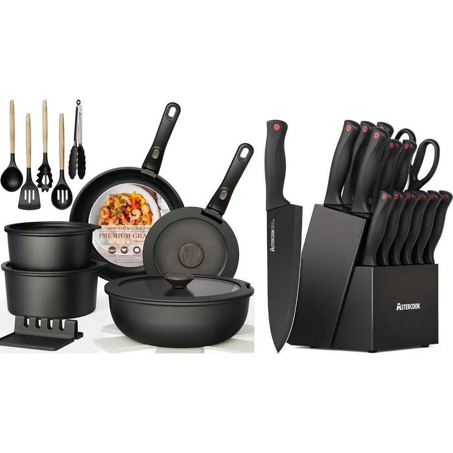 Astercook 21 Pcs Pots and Pans Set Non Stick with 15 Pcs Kitchen Knives Set with Block and Sharpener