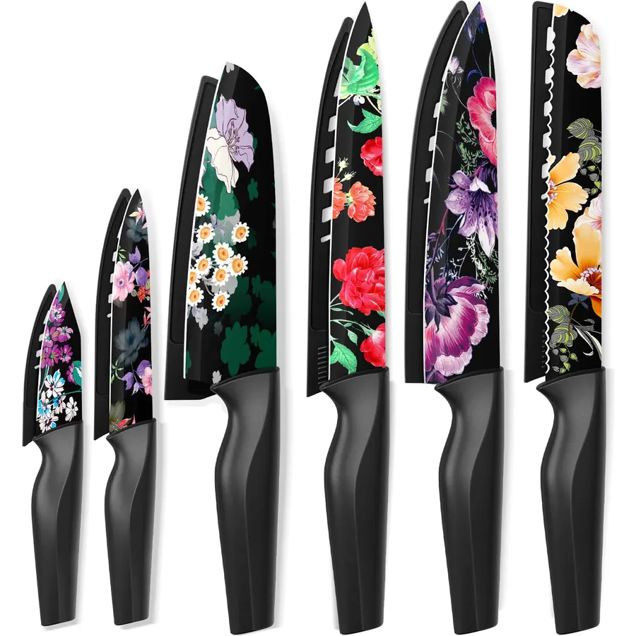 Astercook Knife Set, 12-Piece Flower Kitchen Knives Sets with Blade Guards, Dishwasher Safe, German High Carbon Stainless Steel, Perfect Gifts for Kitchen