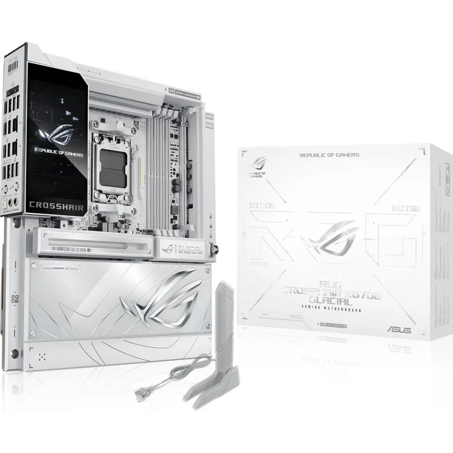 ASUS ROG Crosshair X870E Glacial AM5 E-ATX Motherboard, DDR5, DIMM Fit, WiFi 7, PCIe 5.0, 7X M.2, 2X 10Gb LAN, 5” LCD, AIO Q-Connector, AI Cache Boost