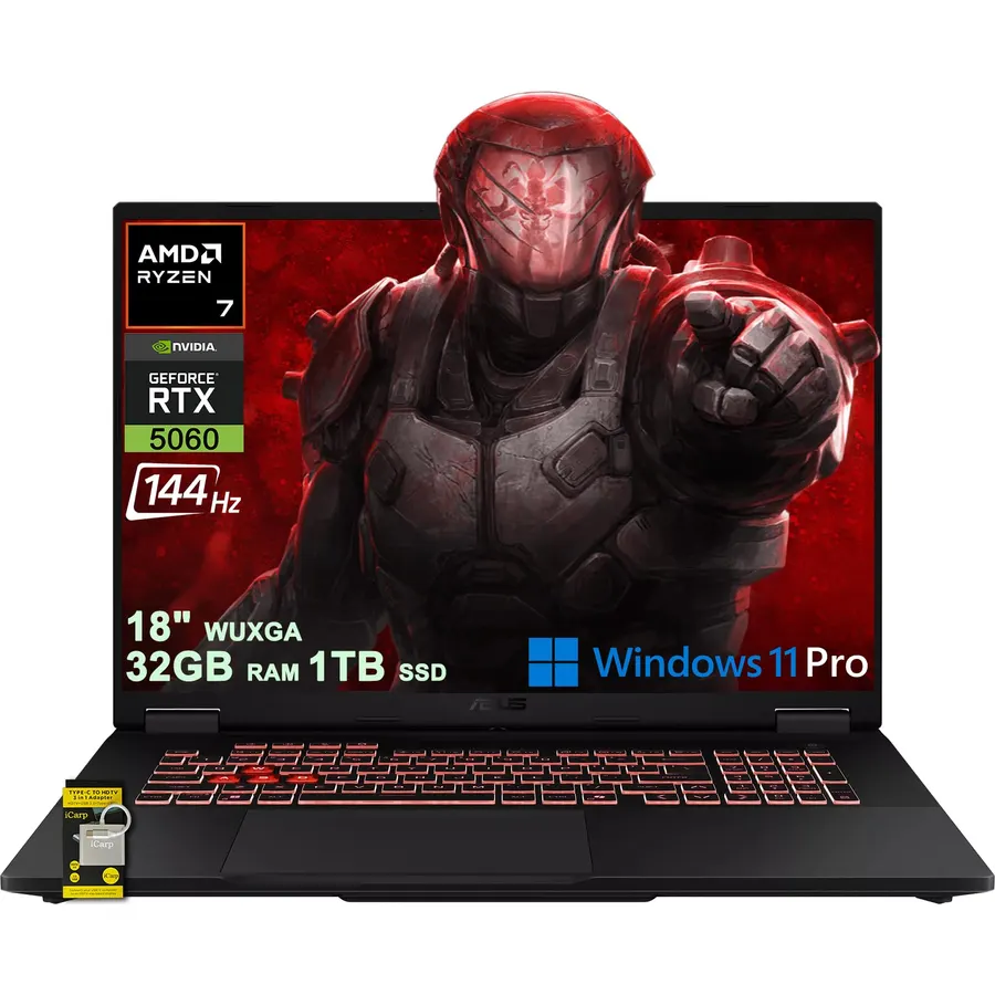 ASUS TUF Gaming A18 AI Laptop 18" WUXGA IPS 144Hz (100% sRGB, GSYNC) AMD 8-core Ryzen 7 260 32GB RAM 1TB SSD GeForce RTX 5060 GDDR7 (Up to 572 AI Tops) RGB Backlit USB4 Win11Pro ICP Acc