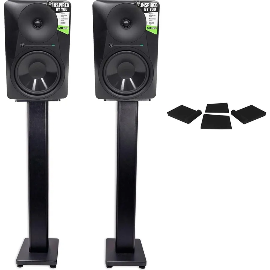 Audiosavings Bundle: (2) MR824 8 170W Powered Studio Monitors Bundle with (2) Rockville RHTSB 36" Speaker Stands + Rockville RRS263M Foam Isolation Pads, 10.35" x 13", 3 Angles (6 Items)