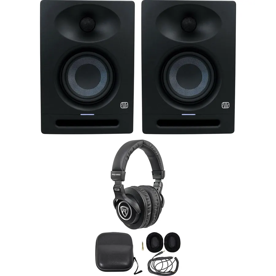 Audiosavings Bundle: (2) Presonus Eris Studio 4 Powered Active 4" Studio Monitor Speaker Bundle with (1) Rockville PRO-M50 Studio Headphones w/Detachable Coil Cable, Case+Extra Ear Pad (3 Items)