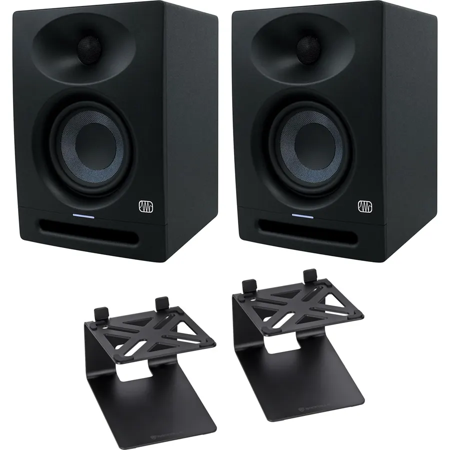 Audiosavings Bundle: (2) Eris Studio 4 Powered Active 4.5" Studio Monitor Speaker w/EBM Waveguide Bundle with Pair Rockville SR4 Speaker Riser Stands (3 Items)