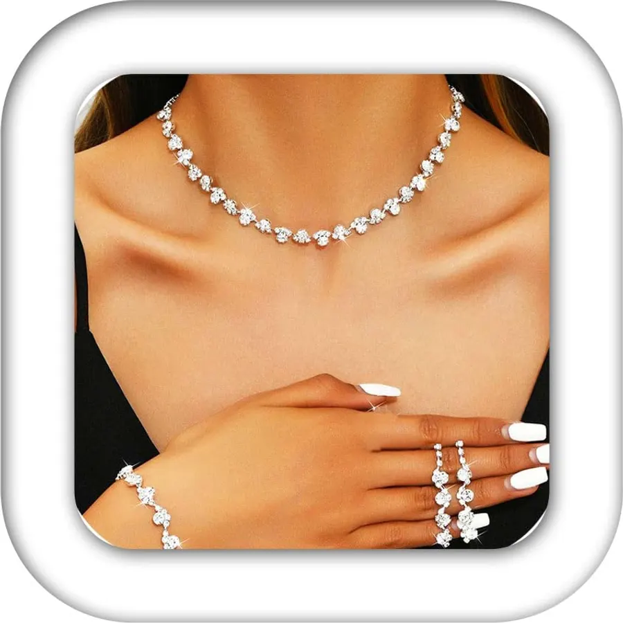 Aukmla Rhinestones Bridal Wedding Jewelry Sets Sparkly Necklace Earrings Bracelet Set Prom Formal Jewelry for Brides and Women