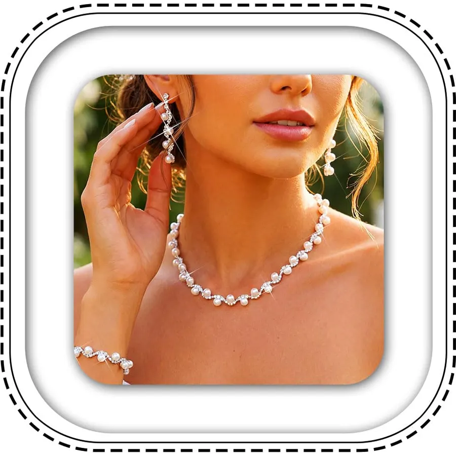 Aukmla Pearl Wedding Jewelry Sets Silver Rhinetsone Choker Necklace and Earring Bracelet Set Prom Jewelry for Brides and Women