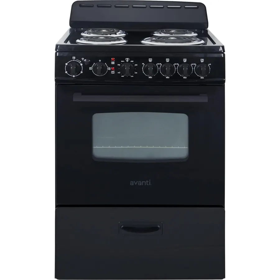 Avanti Electric Range Oven ELITE Series Compact Design, 2.3-Cu.Ft. Capacity with 4 Coil Burners, Framed Glass Oven Door, Storage Drawer and Broiler with Pan, 24-Inch, Stainless Steel