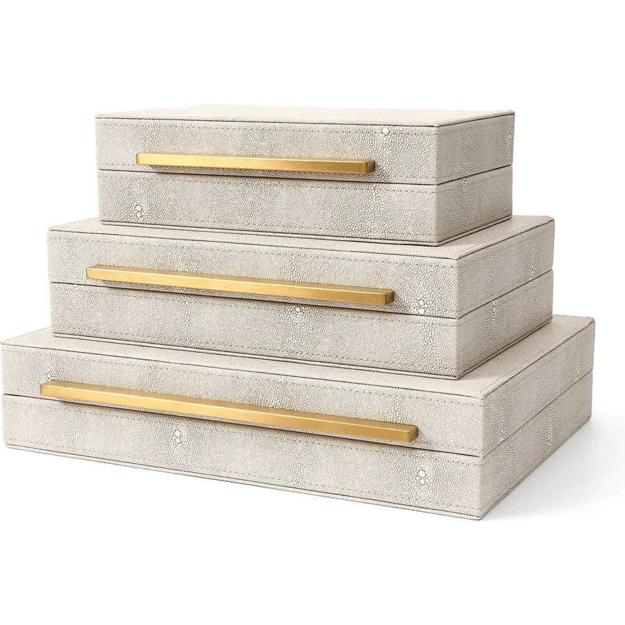 BAALTTO RUNYAO Kingflux Faux Ivory Shagreen Leather Set of 3 Pcs Decorative Boxes, Storage Boxes Jewelry Organizer, Men's Accessory Organizer (Ivory)