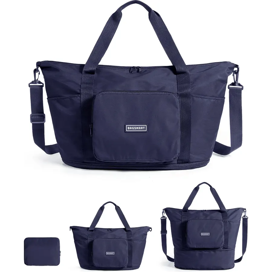 BAGSMART Foldable Travel Bag, 37L Expandable Personal Item Bag, Navy Blue