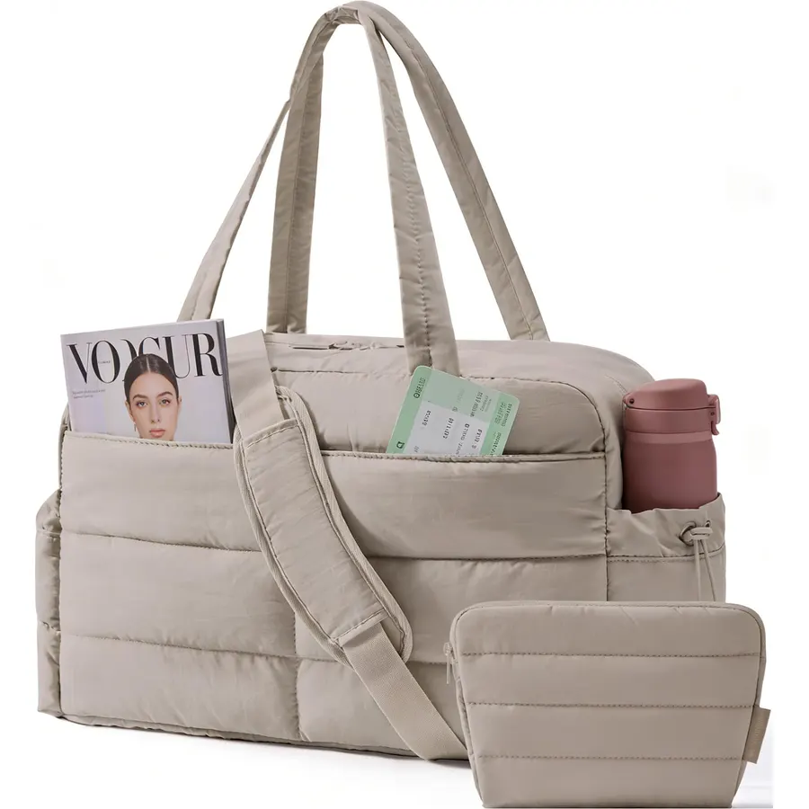 BAGSMART Gym Bag for Women, 2-PC Puffer Travel Duffle Bag Carry On Tote Bag