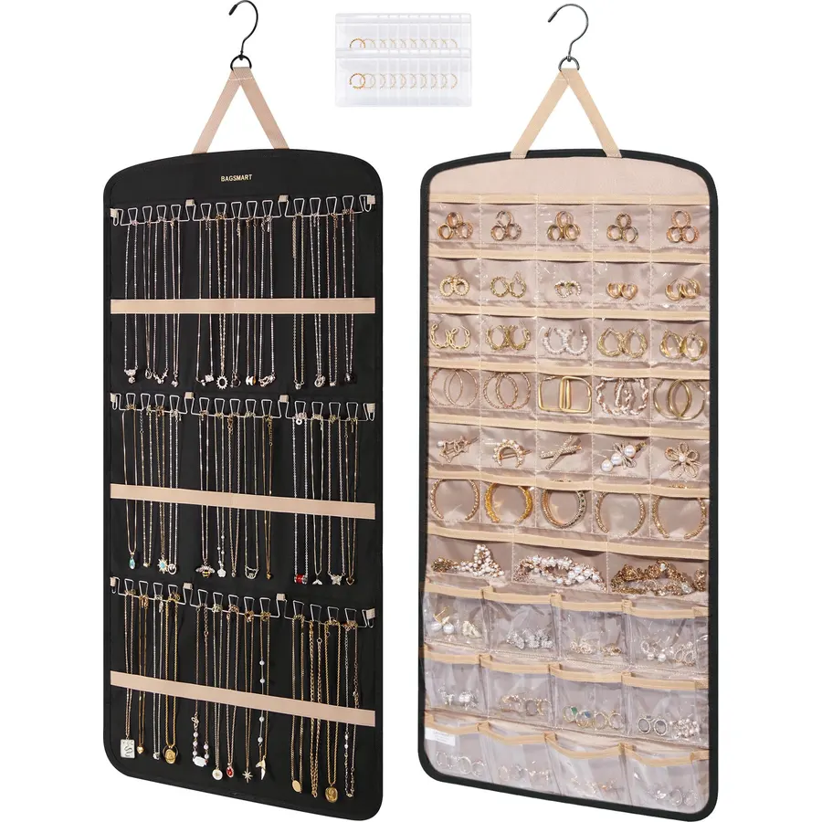 BAGSMART Hanging Jewelry Organizer with Hanger Metal Hooks Double-Sided Jewelry Holder for Organizing Earrings Necklaces Rings Perfect for in Hanging Closet, Wall, Door, 1 Piece, Large, Black