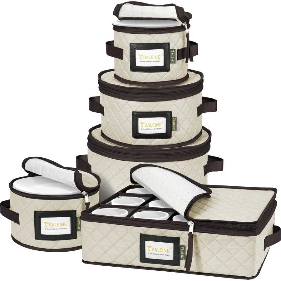 BALEINE China Storage Containers, Sturdy Quilted Wine Glass Storage, Plate Organizer with Carry Handles, Moving Boxes for Dishes, Cups, Mugs and Stemware (Plate Mug Combo, Soft Shell Cream)