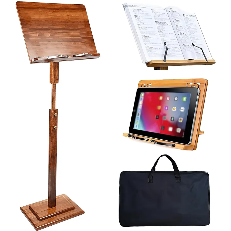 Bamboo Music Stand for Sheet Music with Carrying Bag, Portable Wood Music Stands Holder Foldable with Case Adjustable Height 45.3''-53.1'' for Guitar Violin Piano (Bamboo Music Stand)