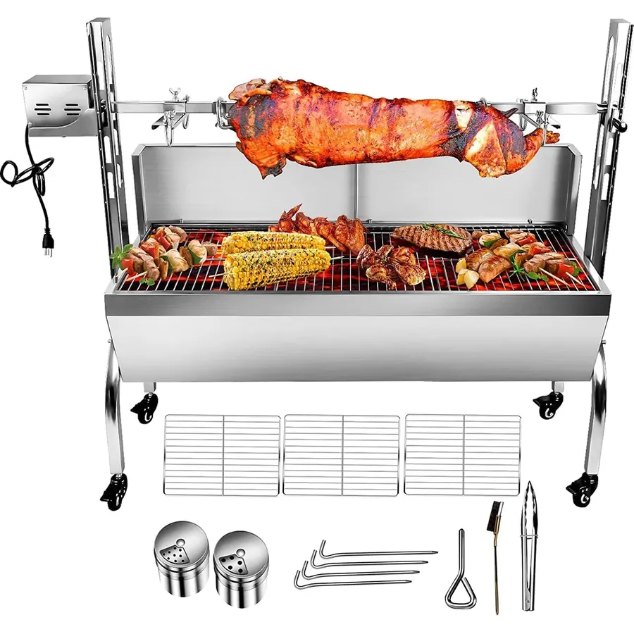 bbq rotisserie grill roaster charcoal roast machine charcoal bearing lamb spit roaster hog roasting machine for outdoor picnic camping height-adjustable (88LBS with baffle)