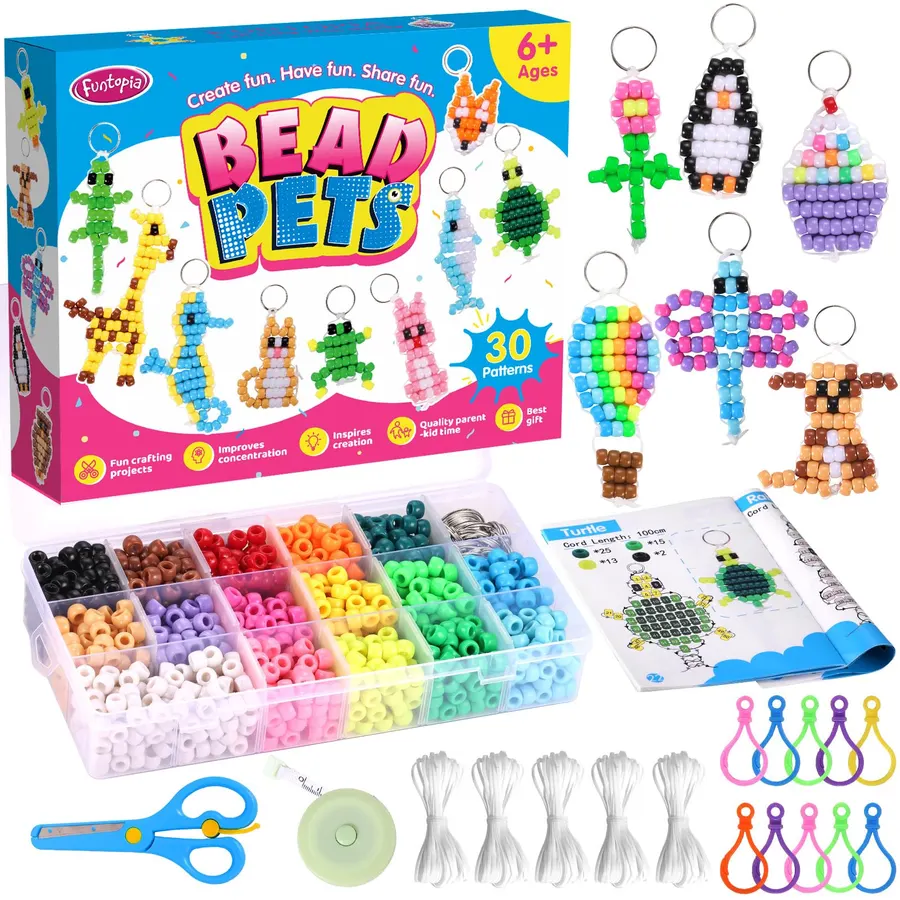 Beads for Crafts, Pony Beads Keychain Making Kit, Bead Pets for Kids Girls