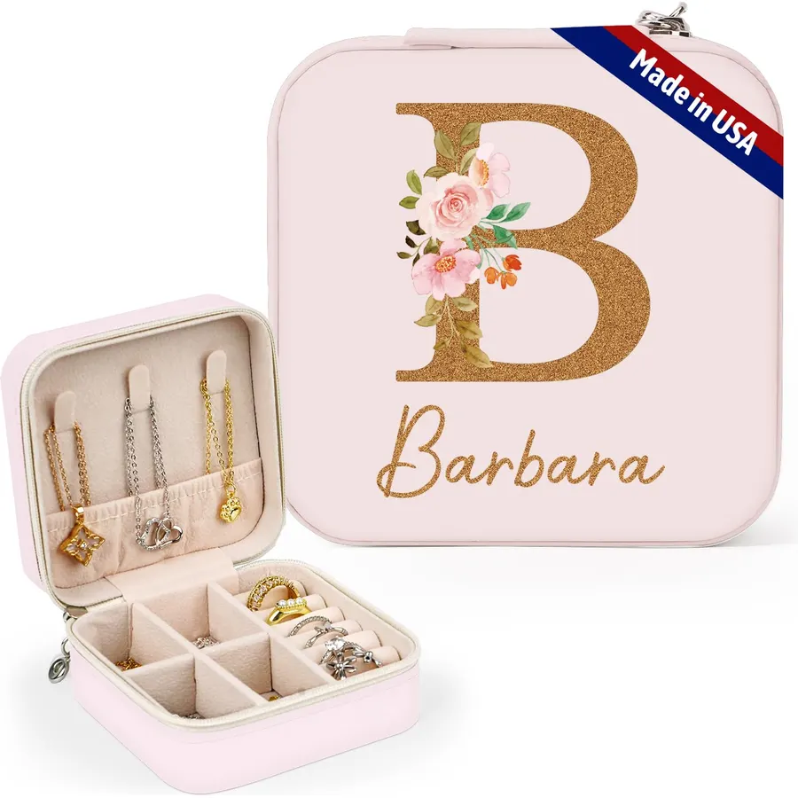 Yofair Ships Next Day, Personalized Jewelry Box with Birth Flower Bridesmaid Gifts Custom Leather Travel Jewelry Case Ring Box Christmas Birthday Gifts for Women