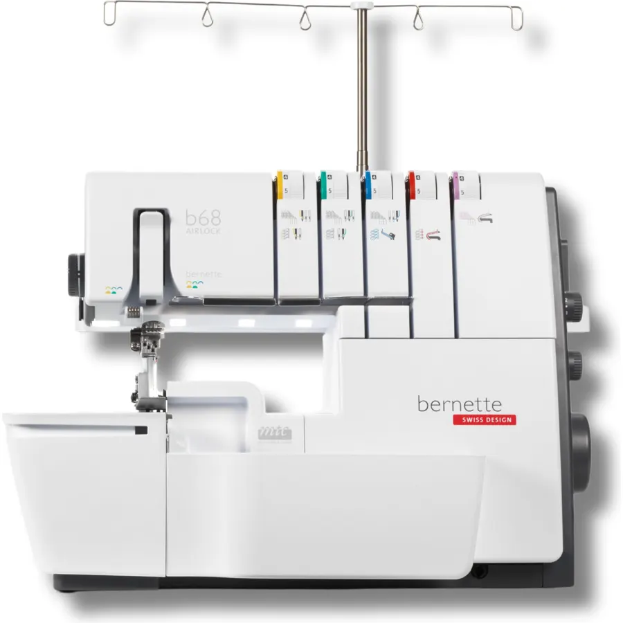 Bernette B68 Airlock Serger with easy air threading, overlock coverstitch combo, high-speed stitching, LED lighting, adjustable stitch length, heavy-duty design, perfect for quilting and beginners.